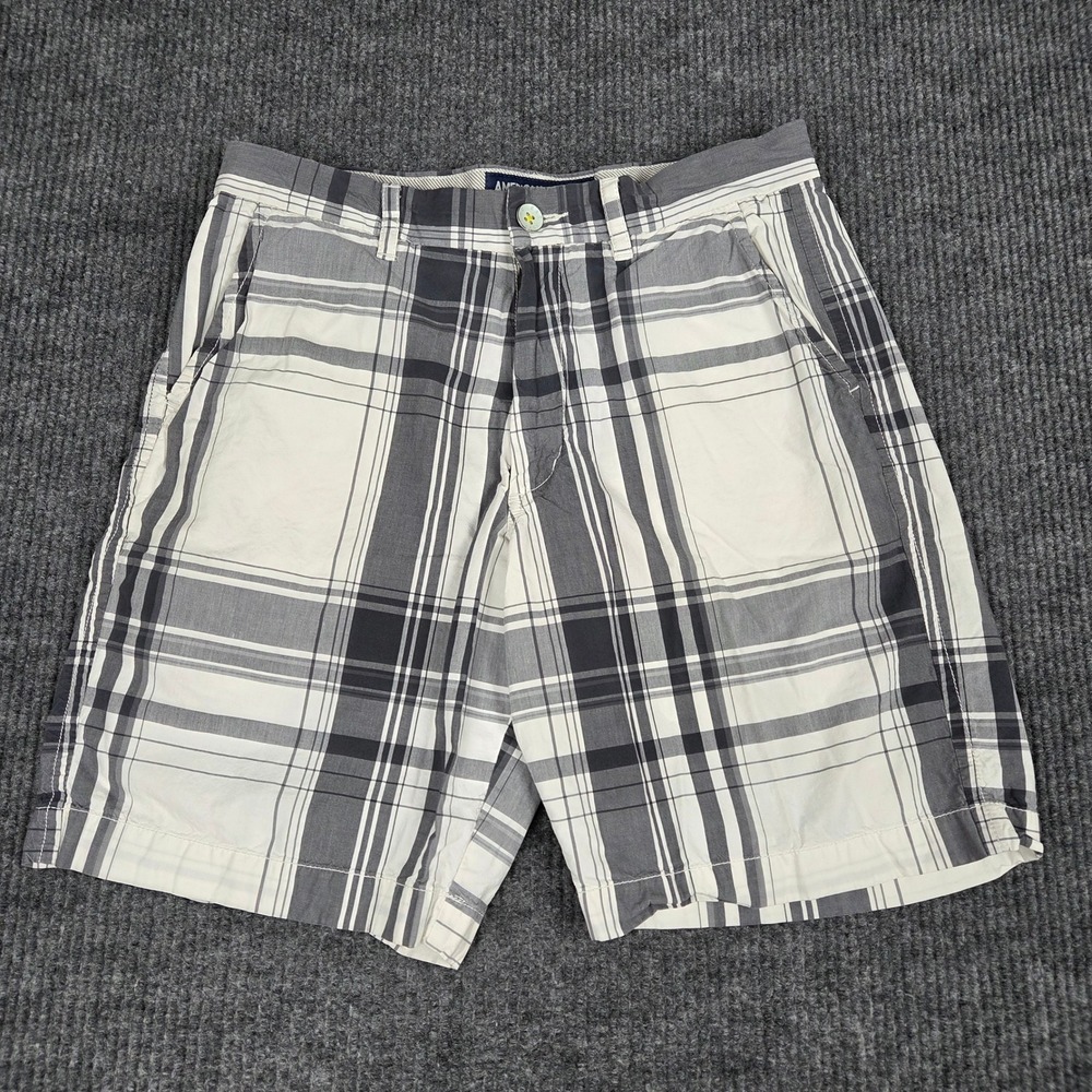 American Eagle Mens Plaid Shorts Gray White Cotton Flat Front‎ Size 32 26841